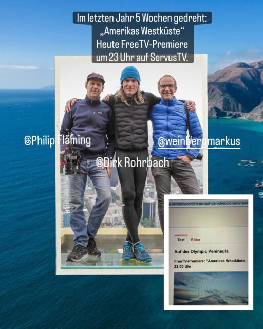 FreeTV-Premiere von „Amerikas Westküste“. 🎉
🔜 Im letzten Jahr habe ich Dirk Rohrbachs Rad-Reise auf dem ‚Highway 1’ durch die USA als Kameramann drehen dürfen u.a. mit Philip Flämig - heute nun die FreeTV-Premiere um 23 Uhr auf Servus TV. ⬅️
Ich bin selbst sehr gespannt, denn für die Produktion war Dirk selbst zuständig, im Auftrag von RedBull.
Nun ist es soweit und die erste Folge der fünfteiligen Serie von Kanada, immer die amerikanische Westküste hinunter, bis nach Mexiko, wird veröffentlicht. 
Wer es verpasst, kann es gern online in der Mediathek bei ServusTV nachschauen.
.
Idee, Produktion: Dirk Rohrbach
Kamera: Markus Weinberg, Philip Flämig
Im Auftrag von: @redbull 
.
#cycling #bikepacking #highwayone #film